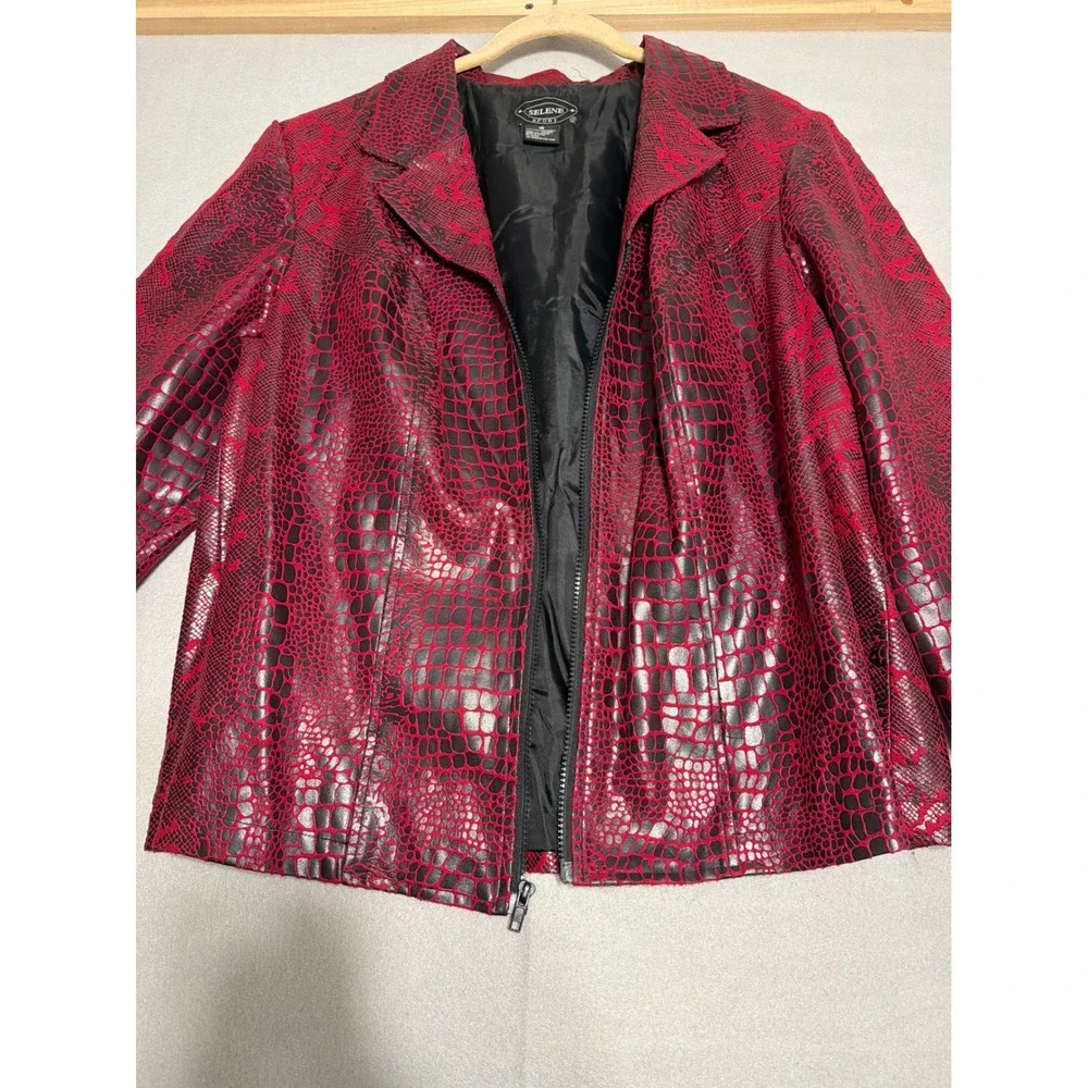 Selene Sport Womens Red Faux Snakeskin Embossed Zip Up Jacket Size 18